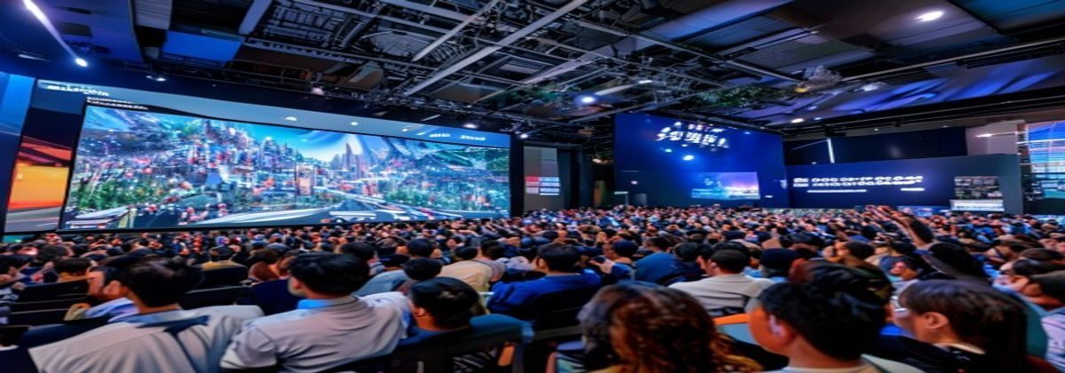 亚洲在线2026年全面升级发布会现场，大屏幕展示新版界面，台下观众热情高涨，科技感十足